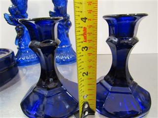 VINTAGE LOT OF 7 COBALT BLUE GLASS CANDLE HOLDERS